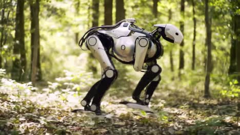 A robot designed to mimic animal locomotion navigates through a forested environment. Its agile movements highlight advancements in robotics and technology.
