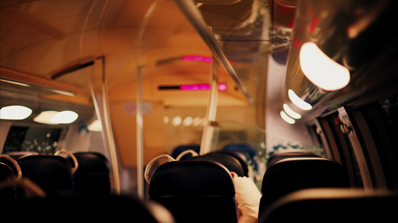 Blurred view of the seats near the window of a moving train