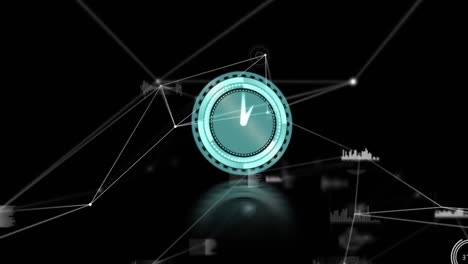 animación de reloj moviéndose rápido con redes de conexiones