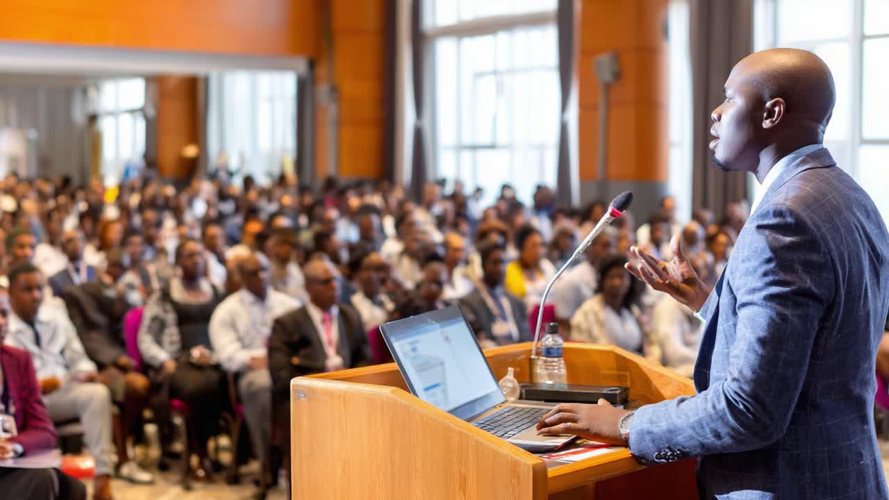 Captivating Speaker Engages Large Audience with Insights and Enthusiasm During a Dynamic Presentation in a Modern Conference Hall Setting