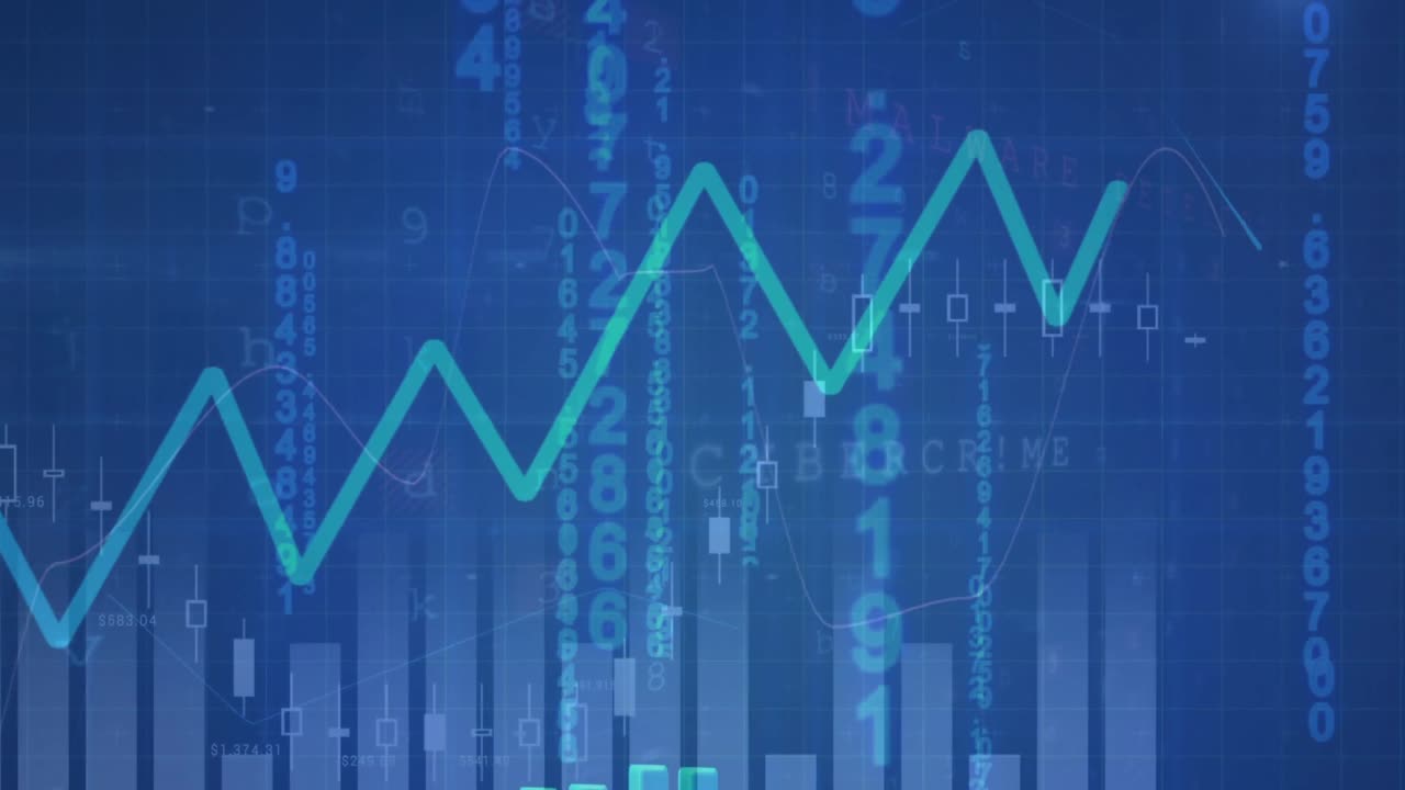 Animation of blue graphs over scanner and data processing on blue background