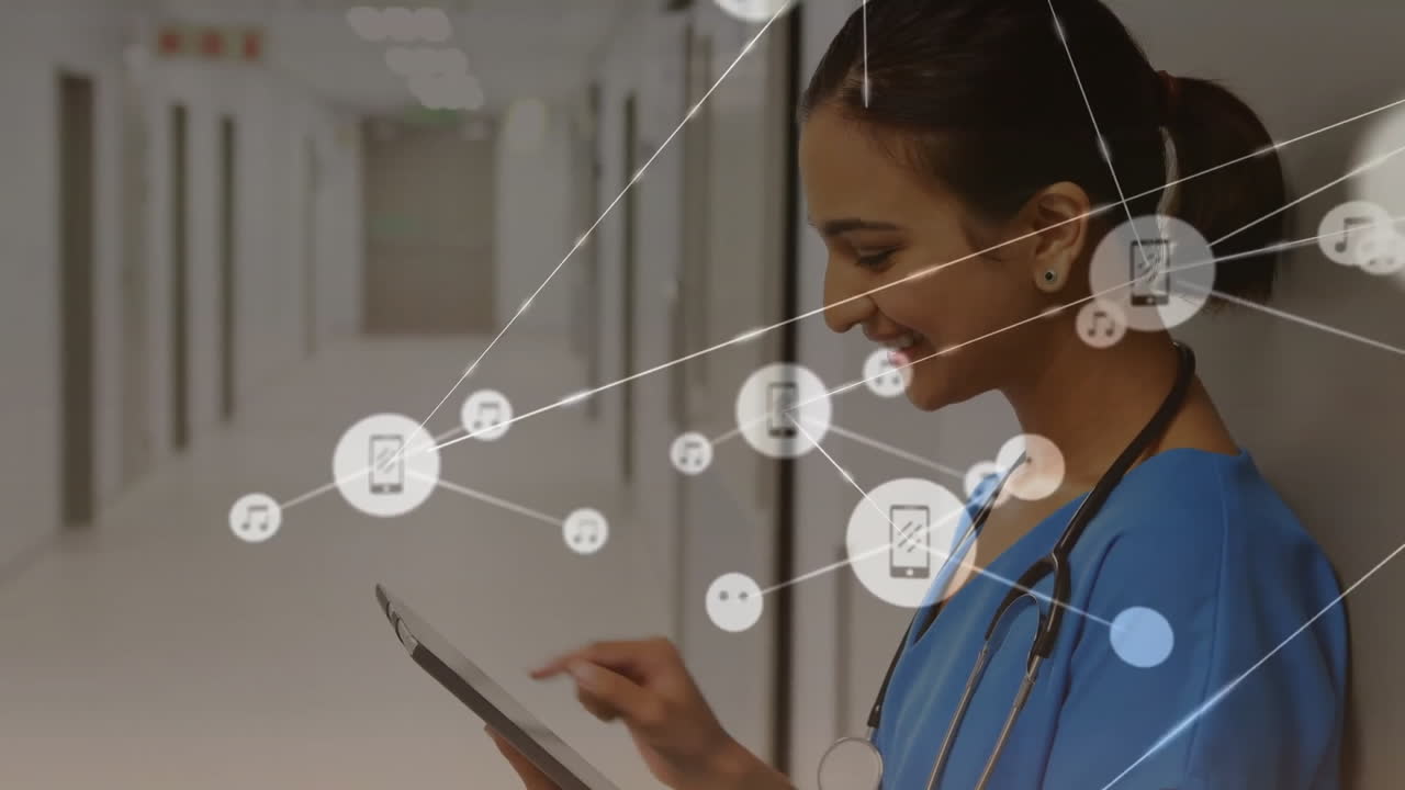 Animation of network of connections over caucasian female doctor using tablet