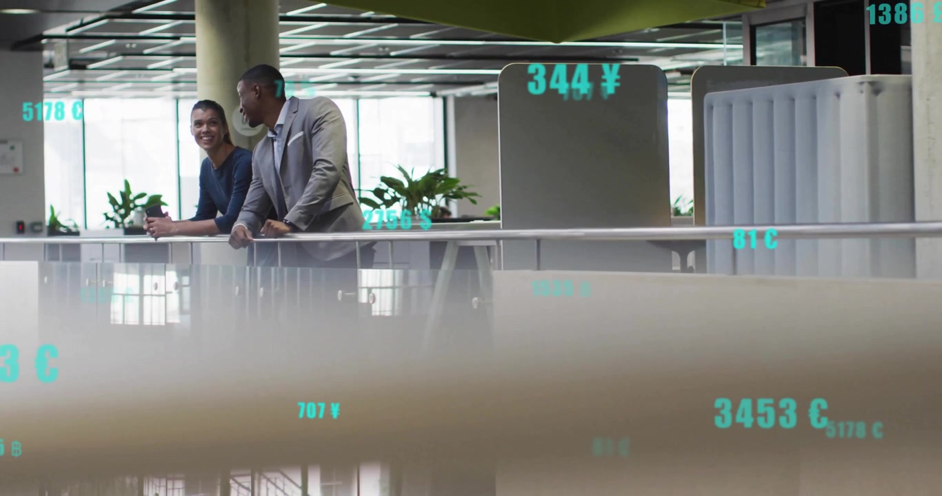 Animation of financial data processing over diverse business people in office