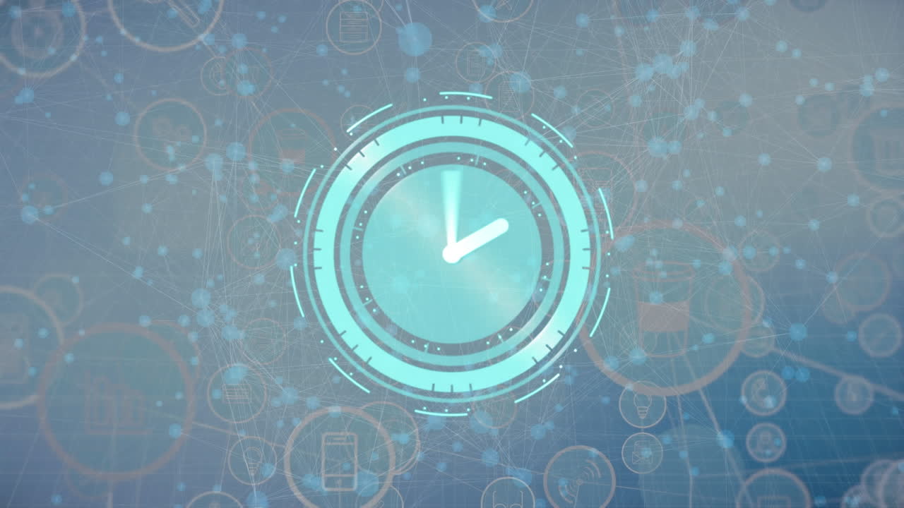 animación del reloj con manecillas girando sobre la red de conexiones sobre fondo gris