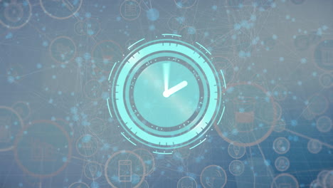 animación del reloj con manecillas girando sobre la red de conexiones sobre fondo gris