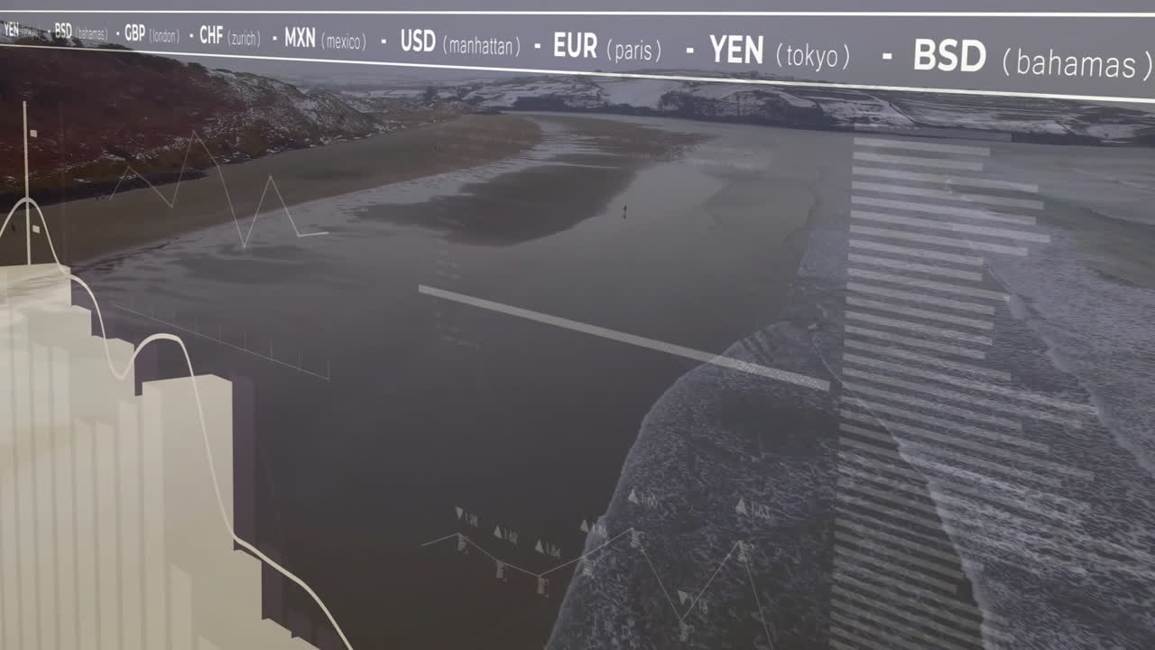 Animation of financial data and currency exchange overlaying coastal landscape scene