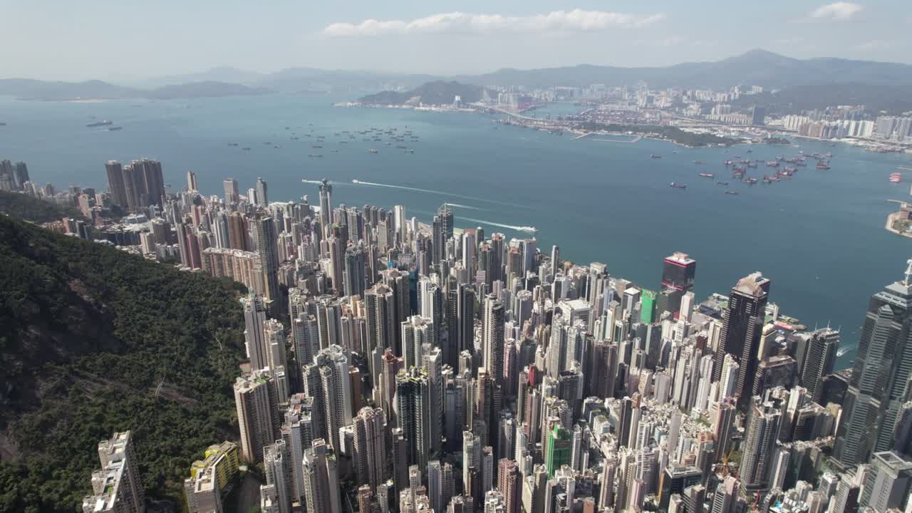 hong kong, centro, distrito financiero punto de vista de avión no tripulado