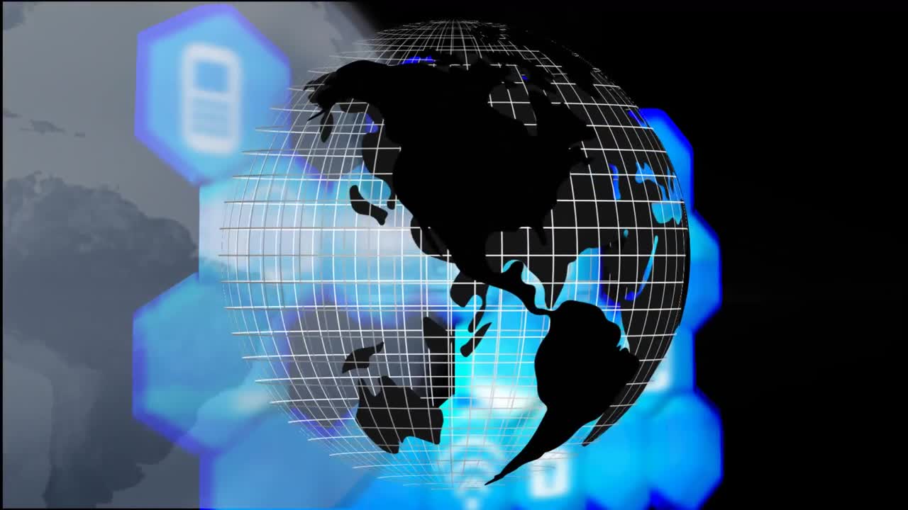 animación de redes de conexiones con iconos digitales en todo el mundo
