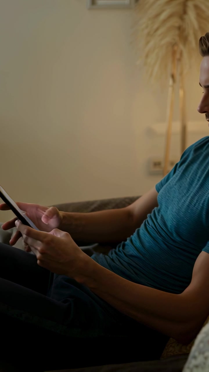 Vertical video: Tapping man holding tablet and swiping while reading on couch, teal tee, copy space