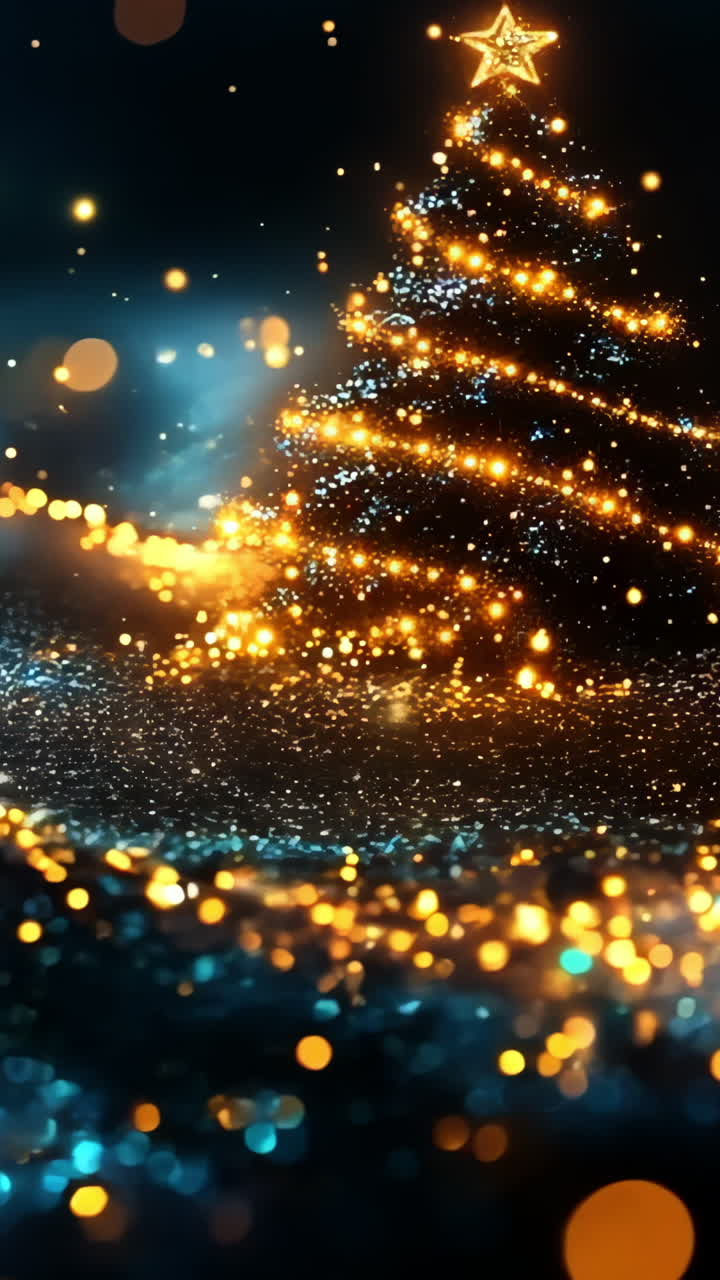 A Christmas tree is lit up with lights and is surrounded by a dark blue sky. The scene is filled with sparkling lights that create a festive and magical atmosphere