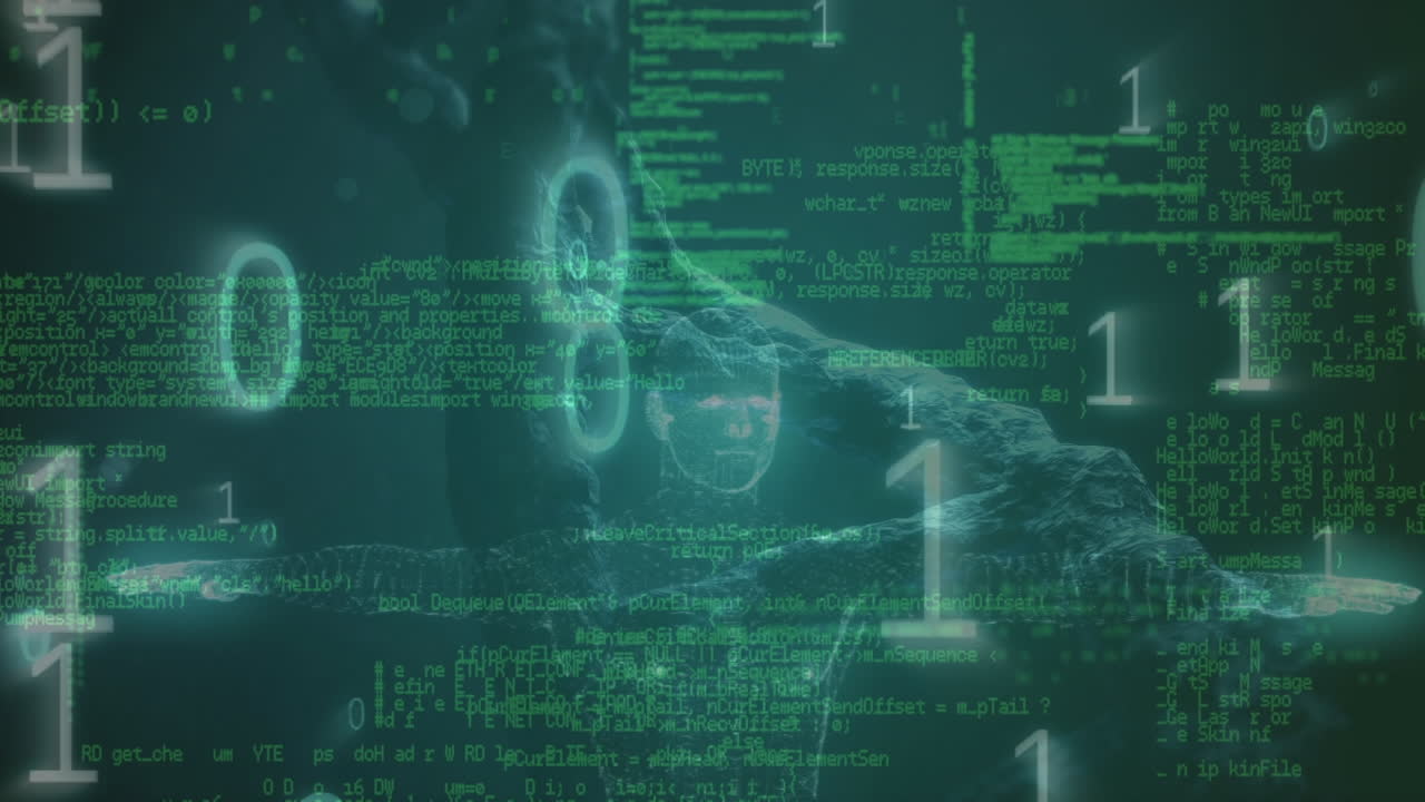 animación de adn giratorio, binario, código, datos y modelo humano en fondo verde