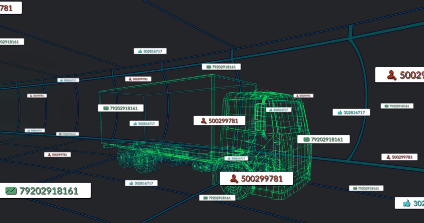 On load, cursor moving triggers tags rising around 3D wireframe truck for selecting ID then fading