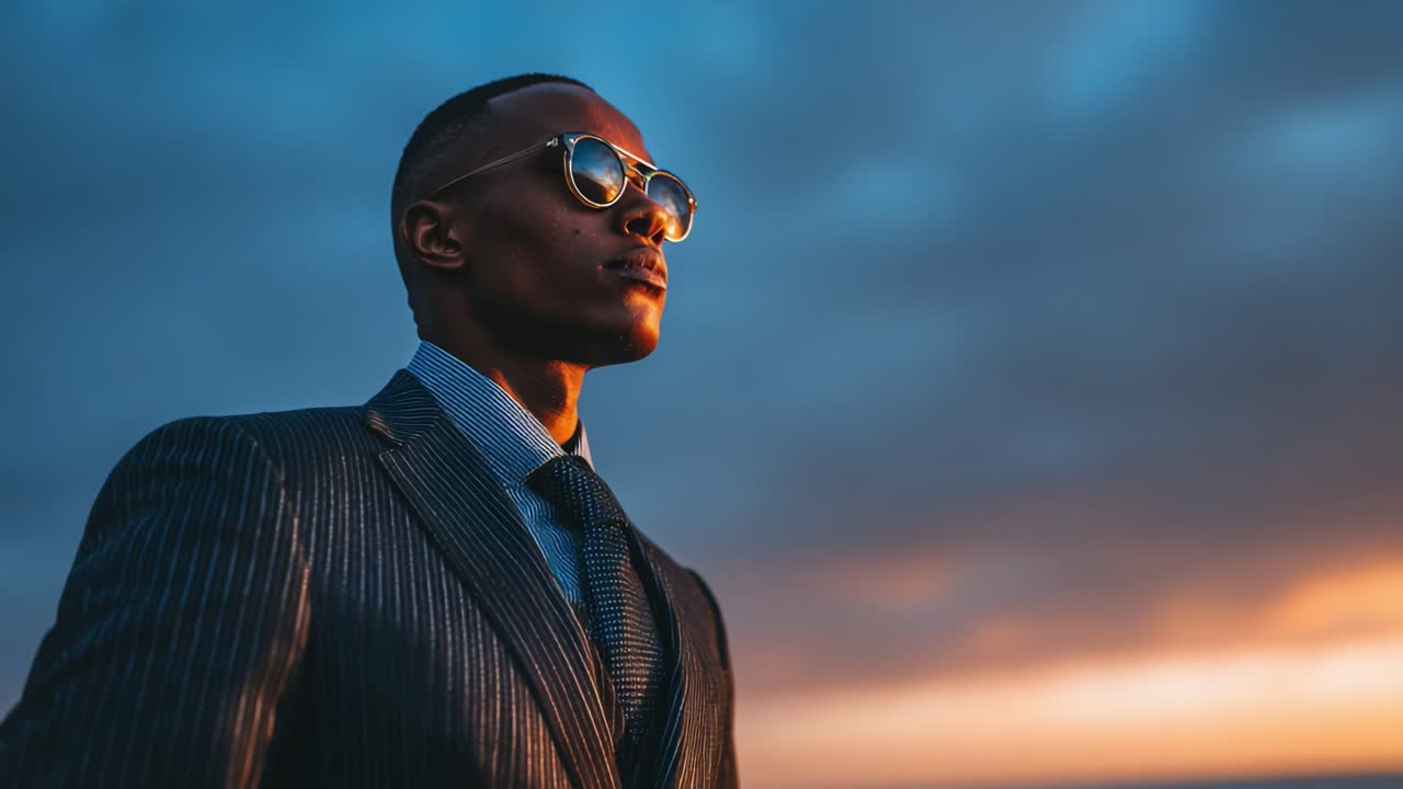 A Confident Man in Stylish Suit and Glasses Standing Against a Dramatic Sunset Sky, Capturing a Moment of Serenity and Reflection in a Beautiful Outdoor Setting