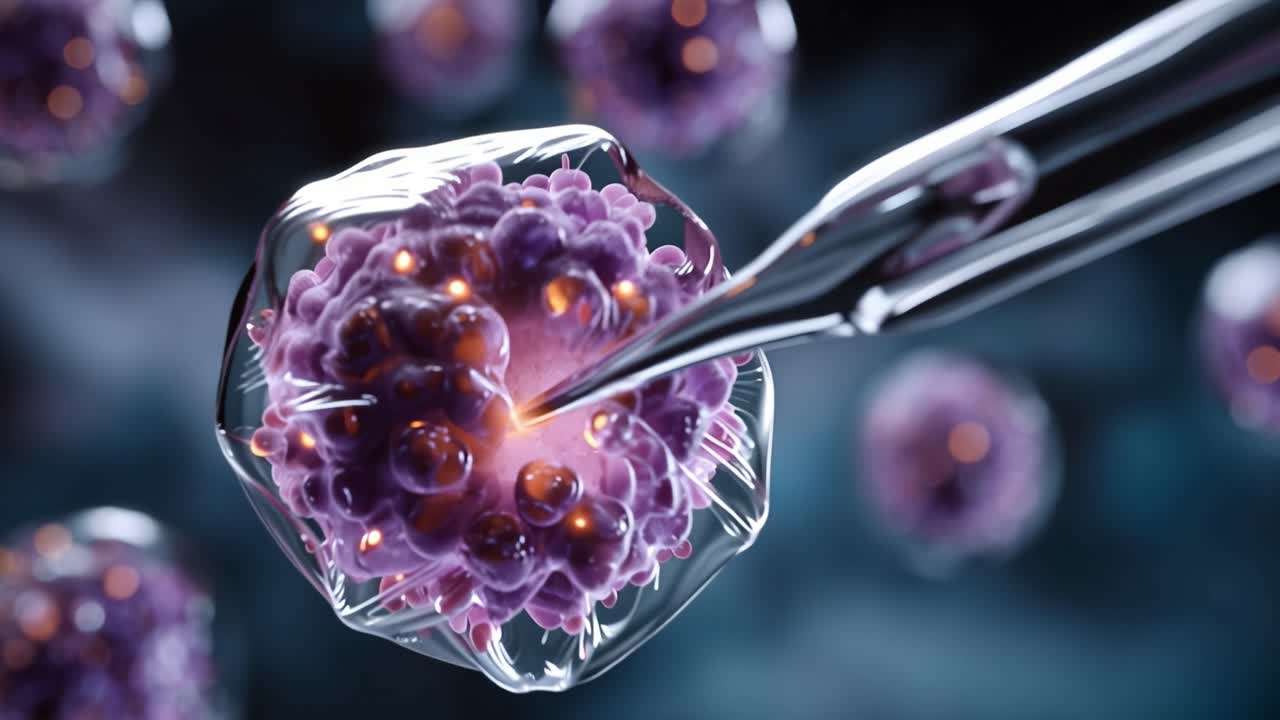 Close-up de Pesquisa Científica em Células Microscópicas com Pipeta, Destacando o Processo de Manipulação e Exploração Celular em um Ambiente de Laboratório.