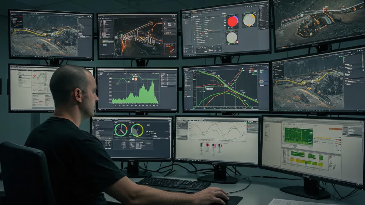 A Data Analyst Monitors Critical Operations Using Multiple Screens in a High-Tech Control Room, Analyzing Complex Data Visualizations for Informed Decision-Making