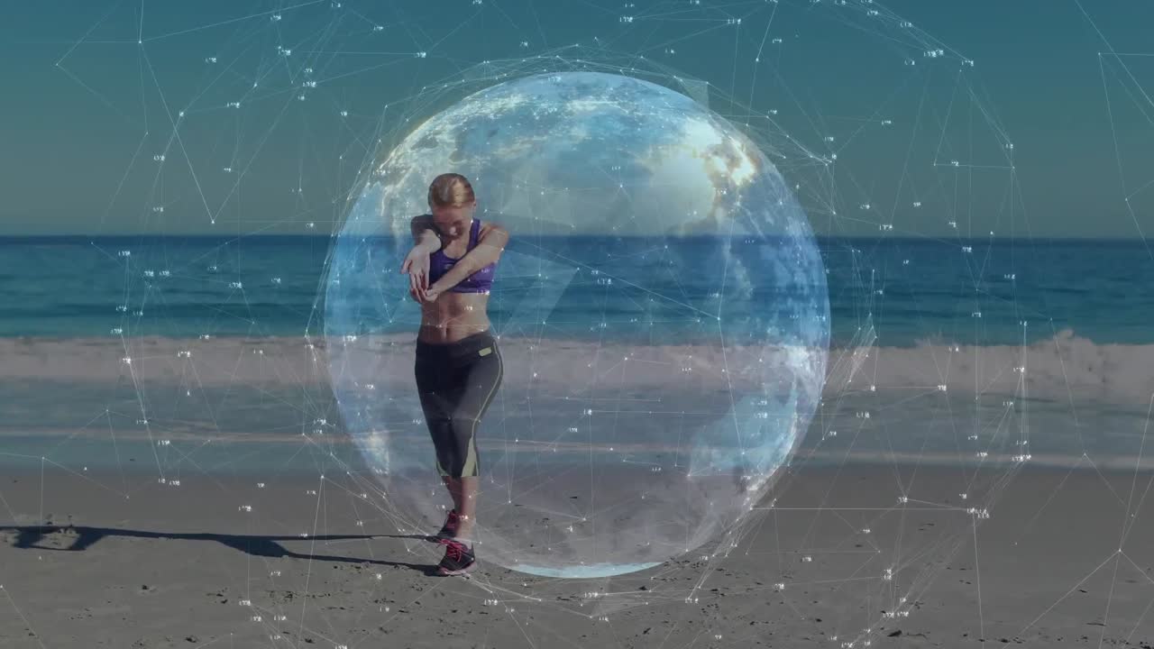 animación de una red global brillante sobre una mujer haciendo yoga en una playa soleada