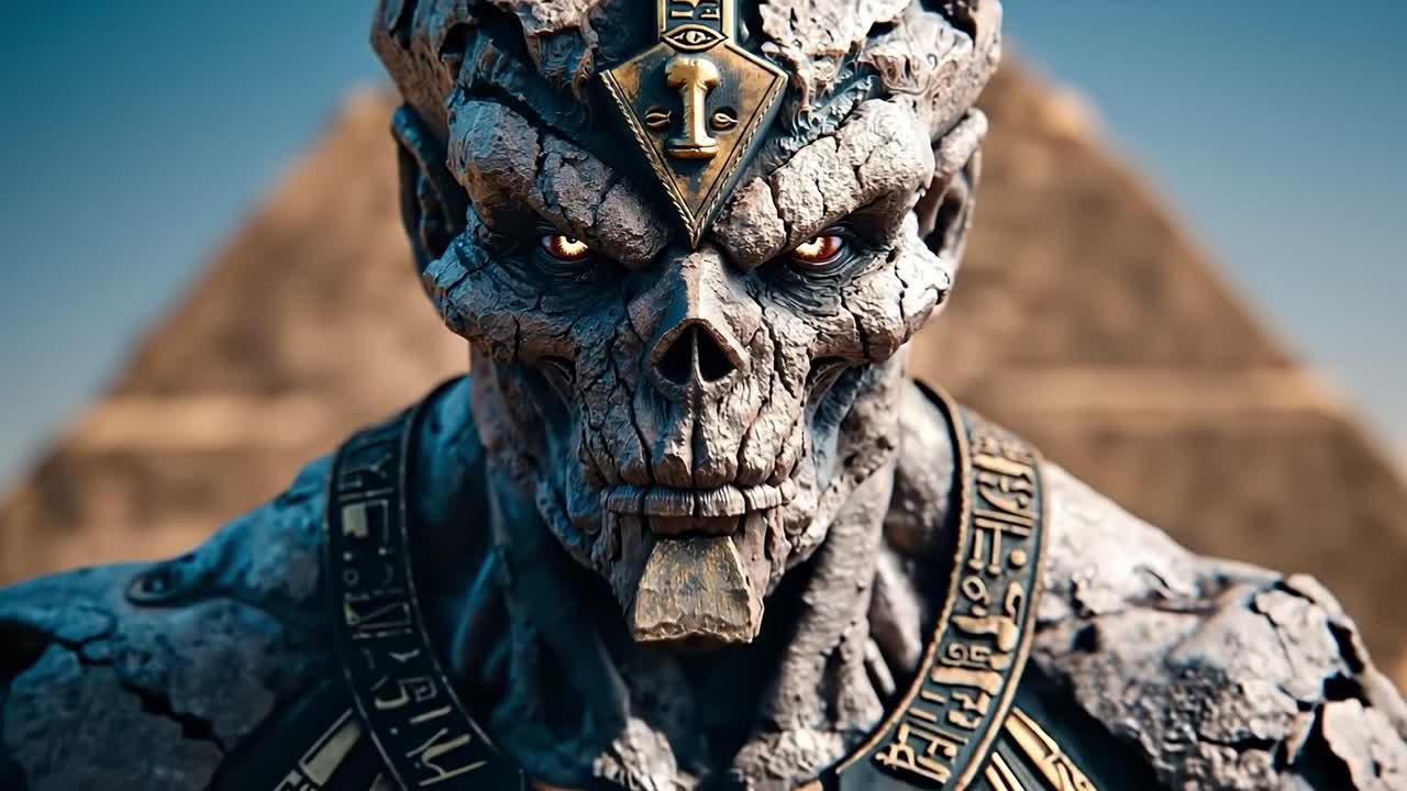 A statue of a man with a skull on his head in front of a pyramid