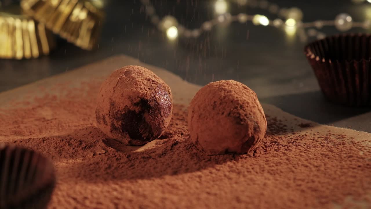 movimiento lento del polvo de cacao cayendo sobre las trufas de chocolate