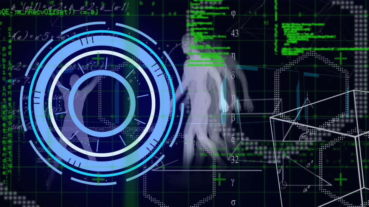animación de escáner redondo de neón, procesamiento de datos y formas geométricas contra el modelo del cuerpo humano.