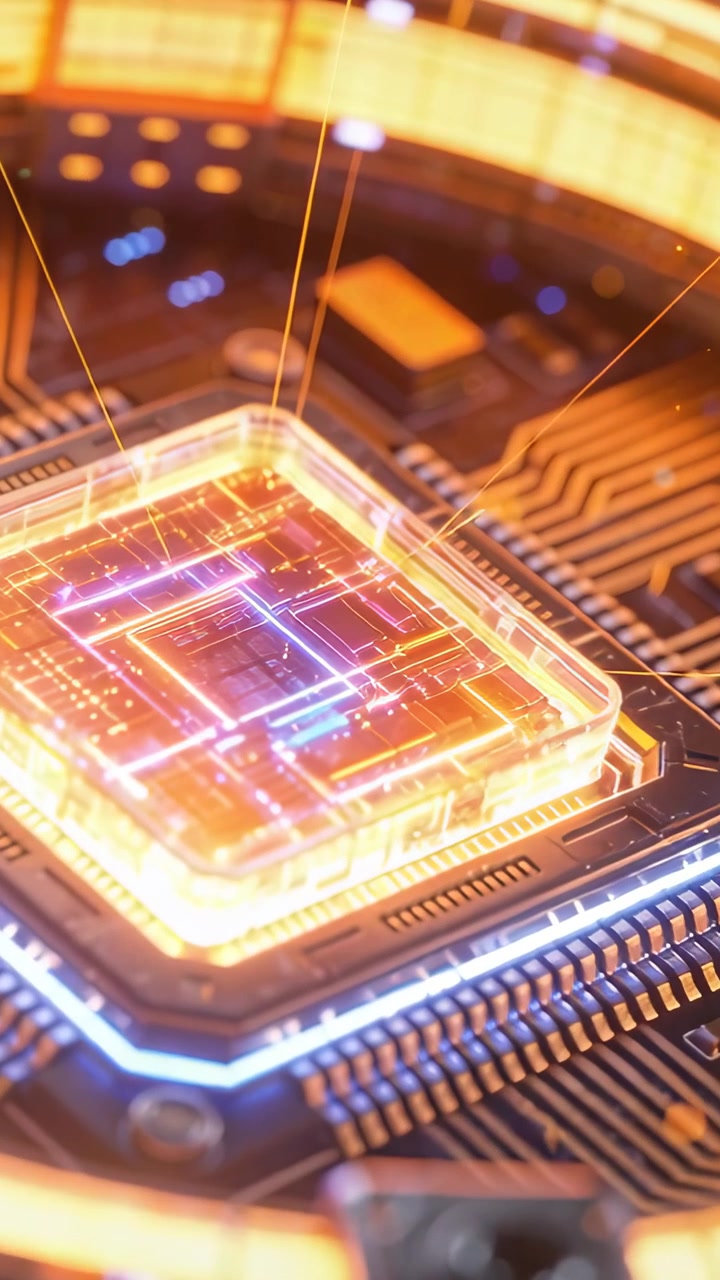 Gennemsigtig mikrochip-pakke modtager strøm og aktiverer kredsløb i et tech-laboratorium, udsender en pulserende ring