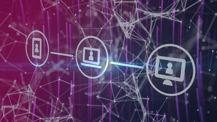 Digital icons and network of connections against pink light trails on black background