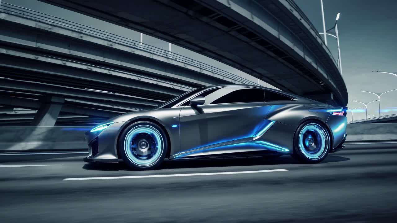 Futuristic car speeding on a highway, captured from a low side angle