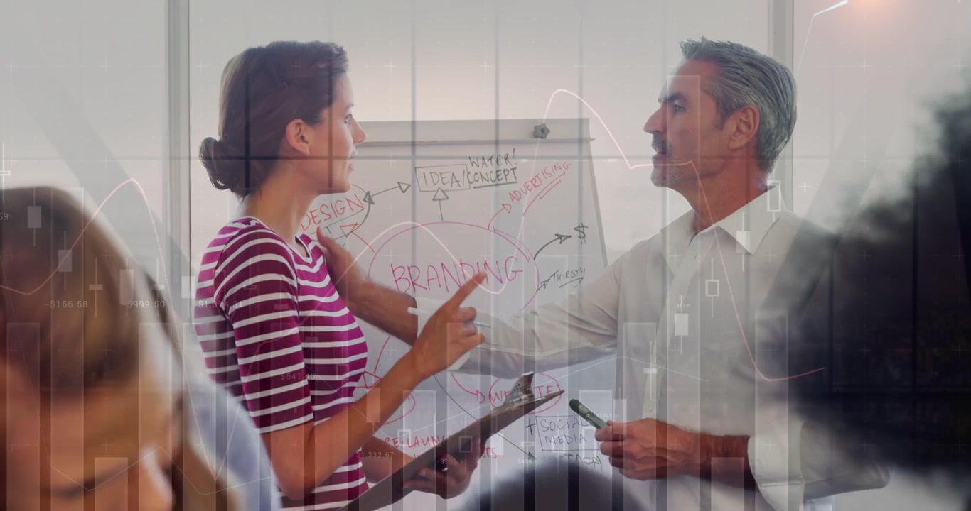 Presenter pointing to flipchart starting chart overlays colleague offering marker agreeing branding