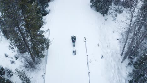 Top-down-shot-of-snowmobile-riding-through-forest