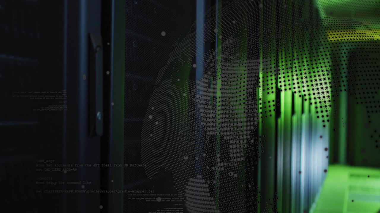 Globe and data processing animation over server racks in data center