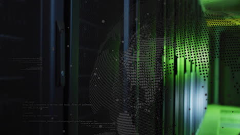 animación de globo y procesamiento de datos sobre bastidores de servidores en el centro de datos