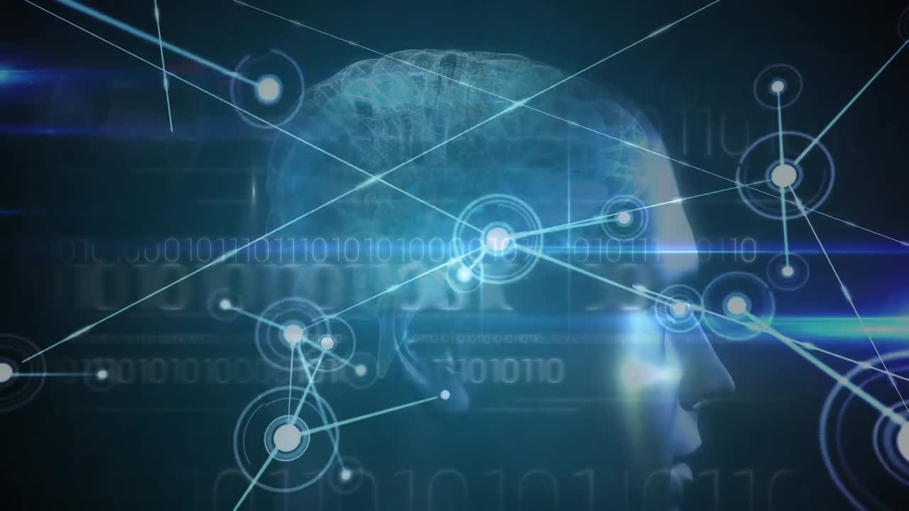 Animation of networks of connections and medical data processing over black background