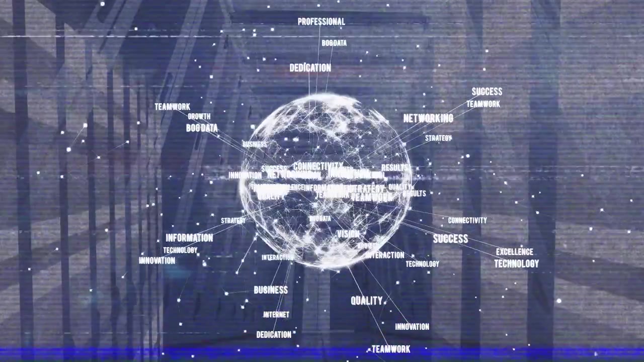 Digital Globe with Business Keywords and Glitch Effect