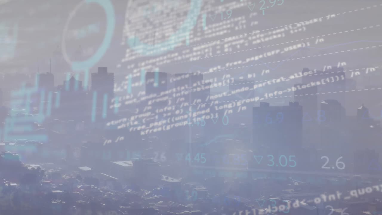 파란색 배경에 데이터 처리 및 다이어그램의 디지털 애니메이션