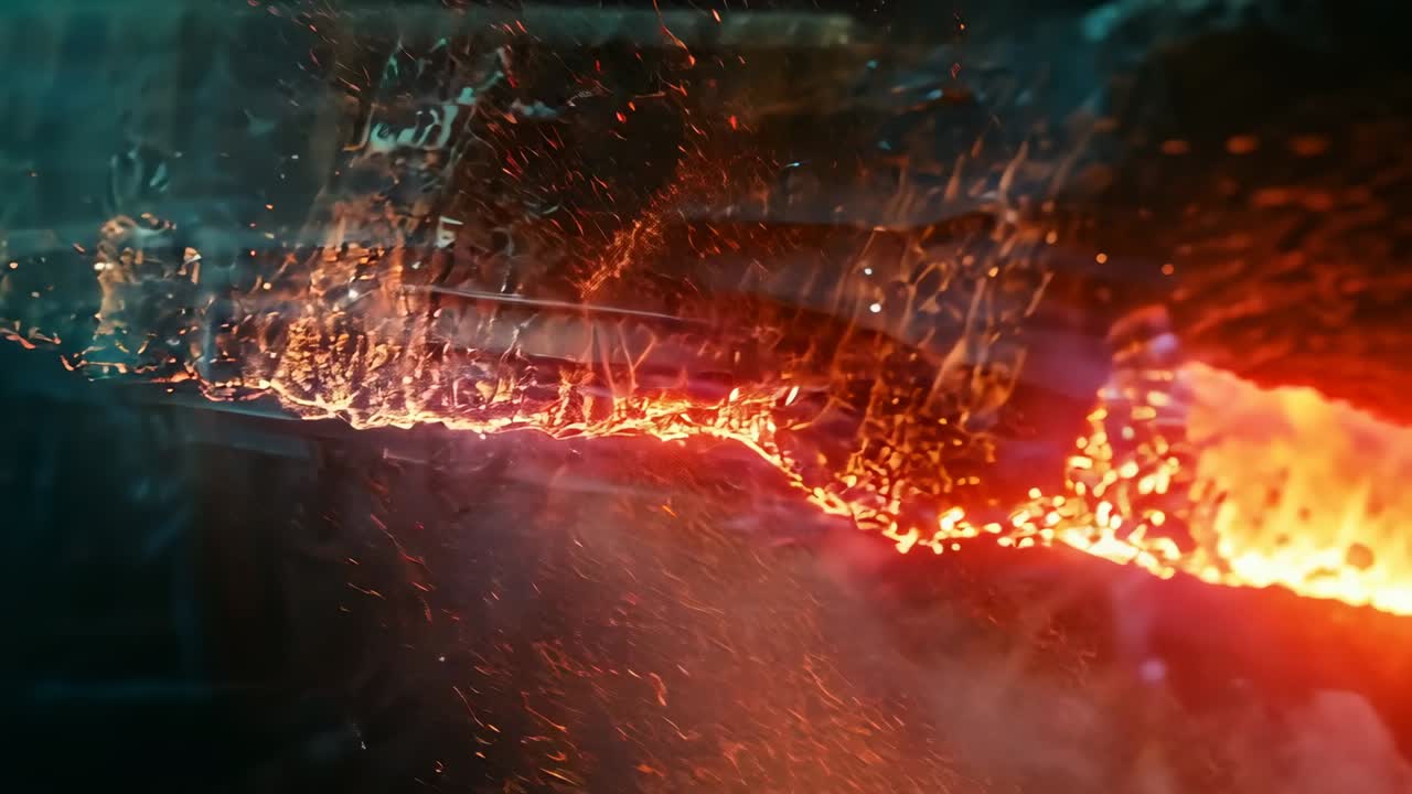 Flowing molten stream pulsing within furnace chamber emitting sparks into haze showing heat buildup