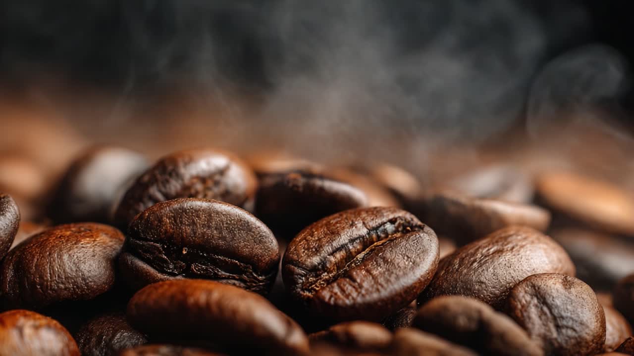 Aromatiske kaffebønner: Indfanger essensen af friskristet kaffe i to fantastiske billeder med dampende mørke espressokaffebønner i naturlige omgivelser.