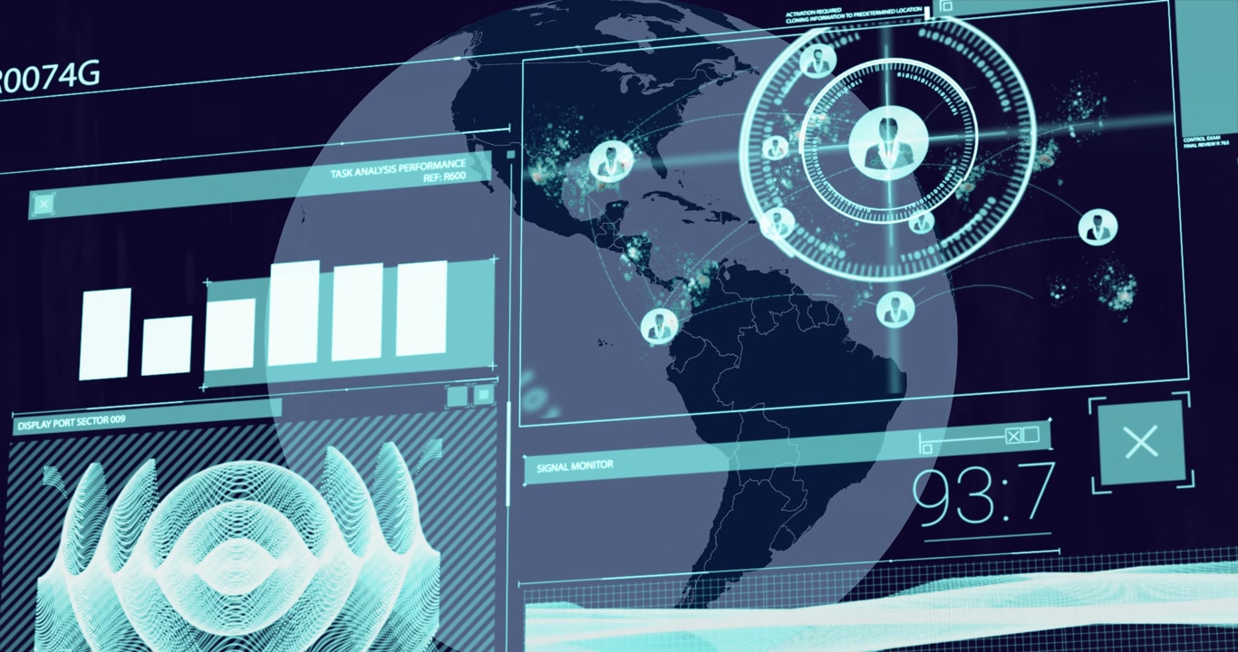 Animation of data processing over globe on black background