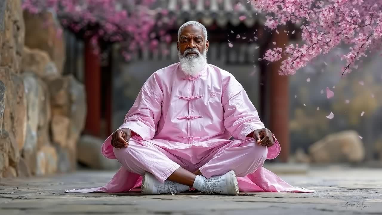 A man in a pink robe sitting on the ground in front of a tree
