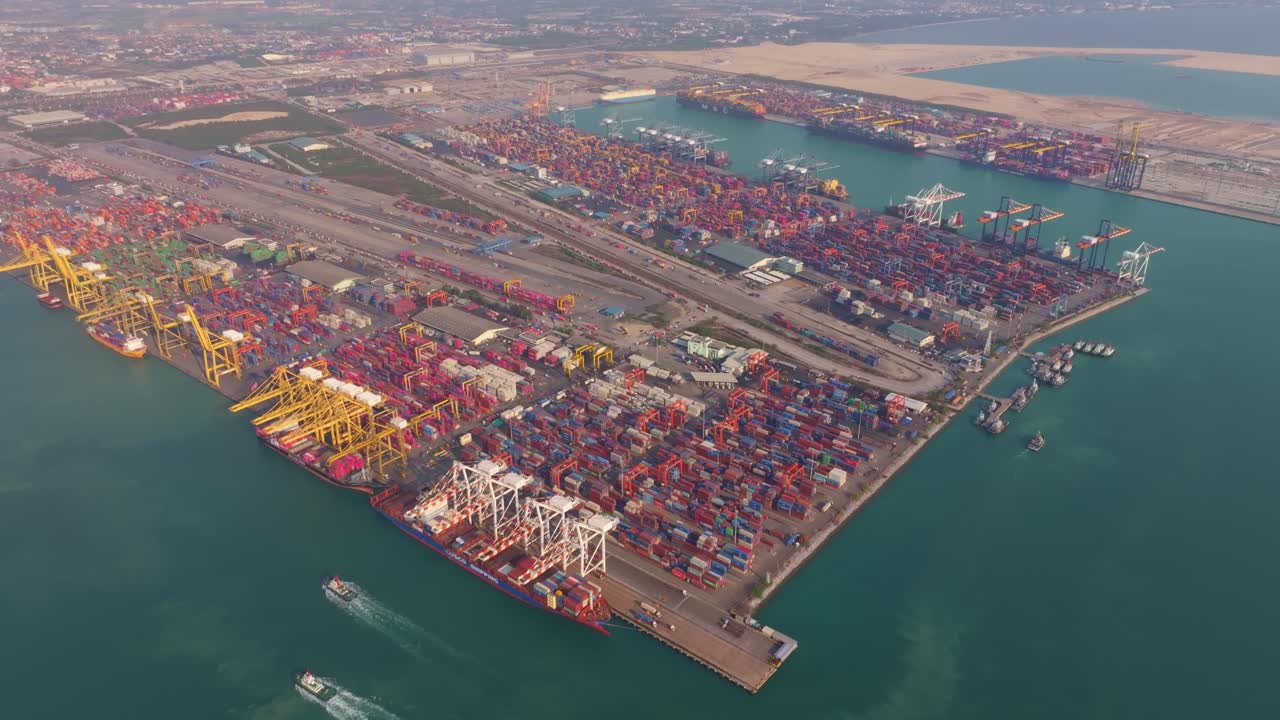Drone view of cargo port with containers for export, Thailand