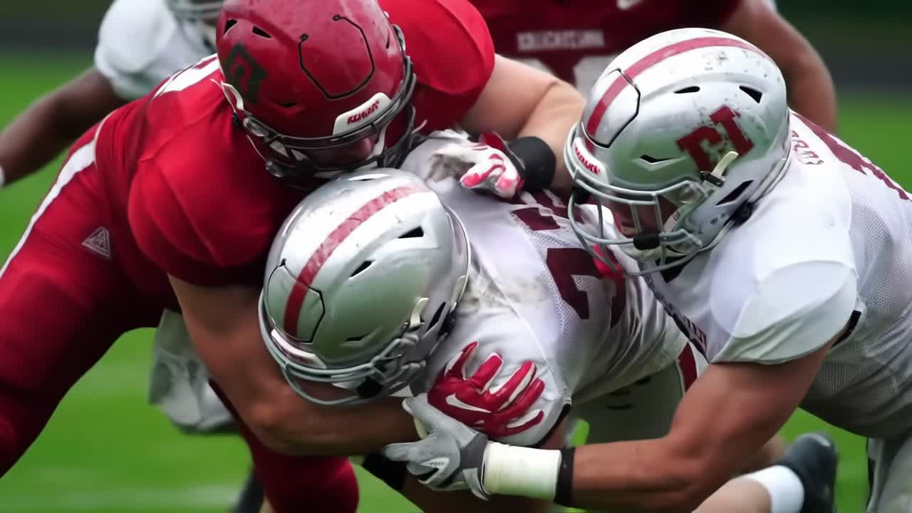 Dynamic football players battling in protective uniforms and helmets, wrestling for control on green playing field during intense competitive match