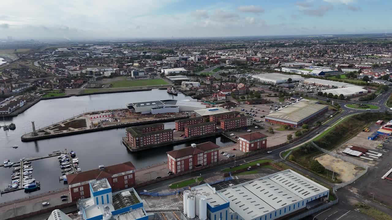 Aerial drone video Hartlepool marina harbour port beach coastal town County Durham North East England UK