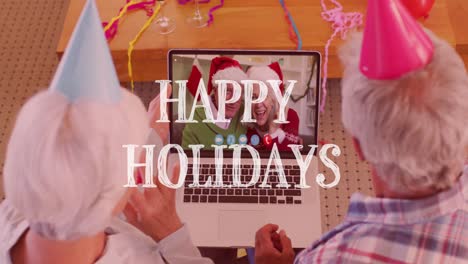 animation of happy holidays text over senior couple making christmas video call with family