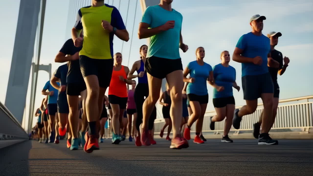 People Running a Marathon or Race on a Bridge