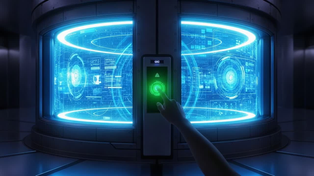 An advanced futuristic interface displays glowing holographic data as a hand activates the control panel in a high-tech environment, showcasing cutting-edge technology and innovation