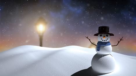 animation of snow falling over smiling snowman in winter scenery