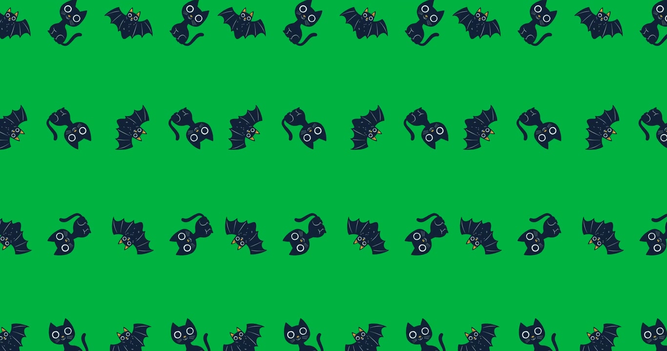 Halloween digital art features scary icons like cats and bats on a black background.