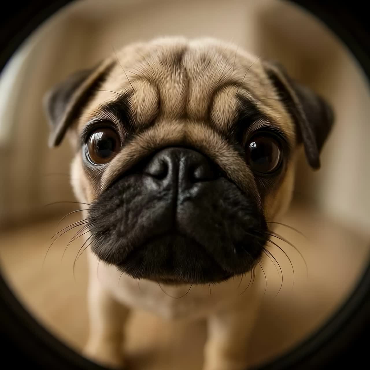 Adorable pug with wide eyes captured in a fisheye lens angle, creating a playful and exaggerated