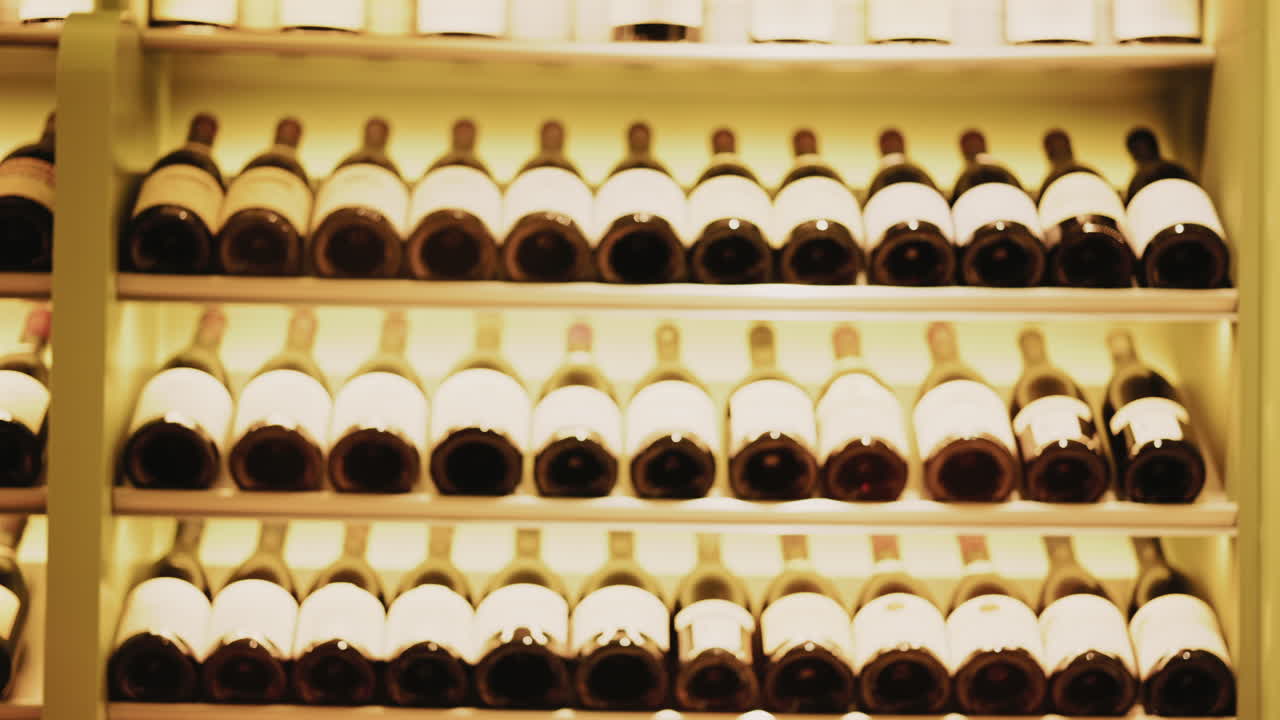 Rows of wine bottles neatly arranged on softly lit shelves in a wine cellar or restaurant interior