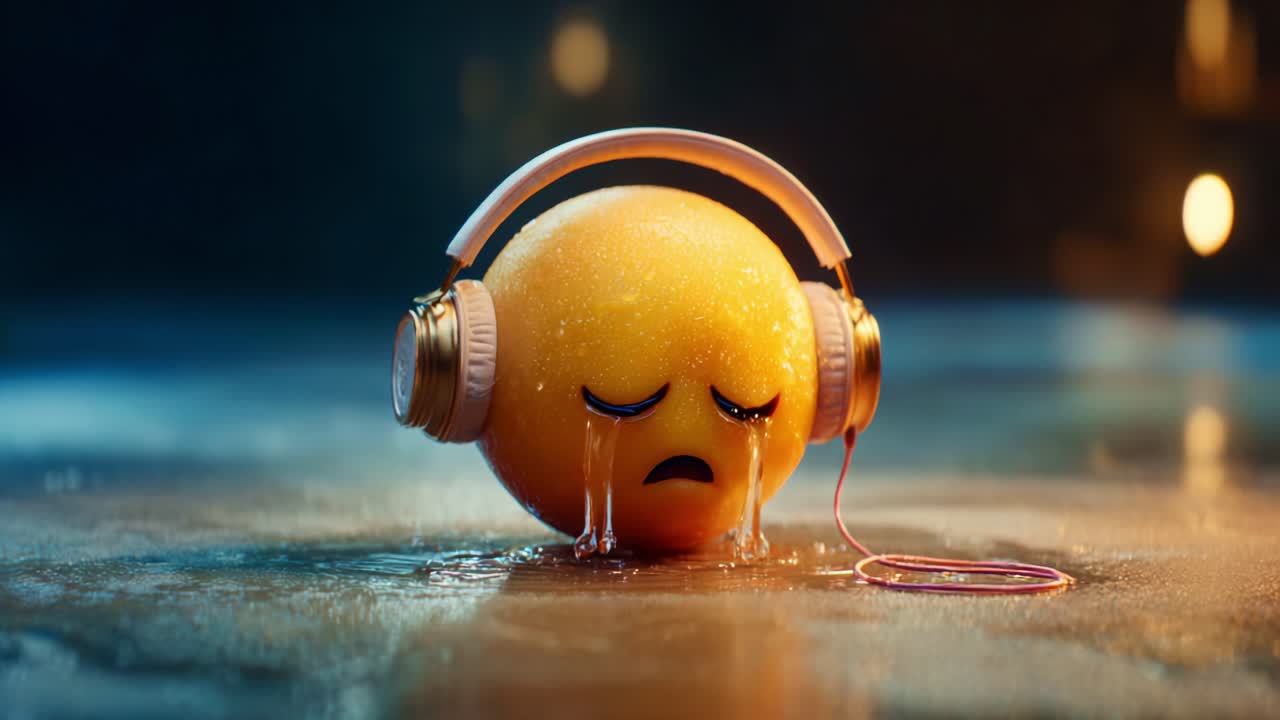 Sebuah Bola yang Bermasalah Secara Emosional: Wajah Oranye yang Tertekan dengan Headphone ini Menangkap Kedalaman Kesedihan Melalui Ekspresi Penuh Air Mata dan Suasana Melankolis dalam sebuah render 3D Digital yang Jelas