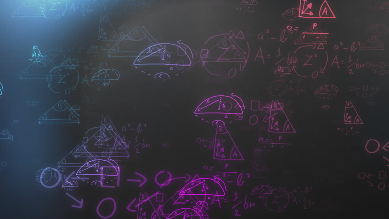 ecuaciones matemáticas y formas geométricas animación sobre fondo oscuro