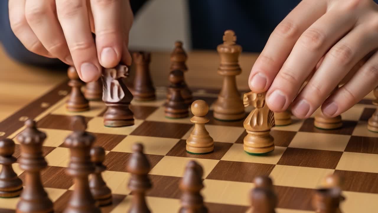 Engaged Chess Match: Strategic Moves Unfolding on a Wooden Board as Players Strategize and Anticipate Their Next Tactical Decisions in a Competitive Game of Skill